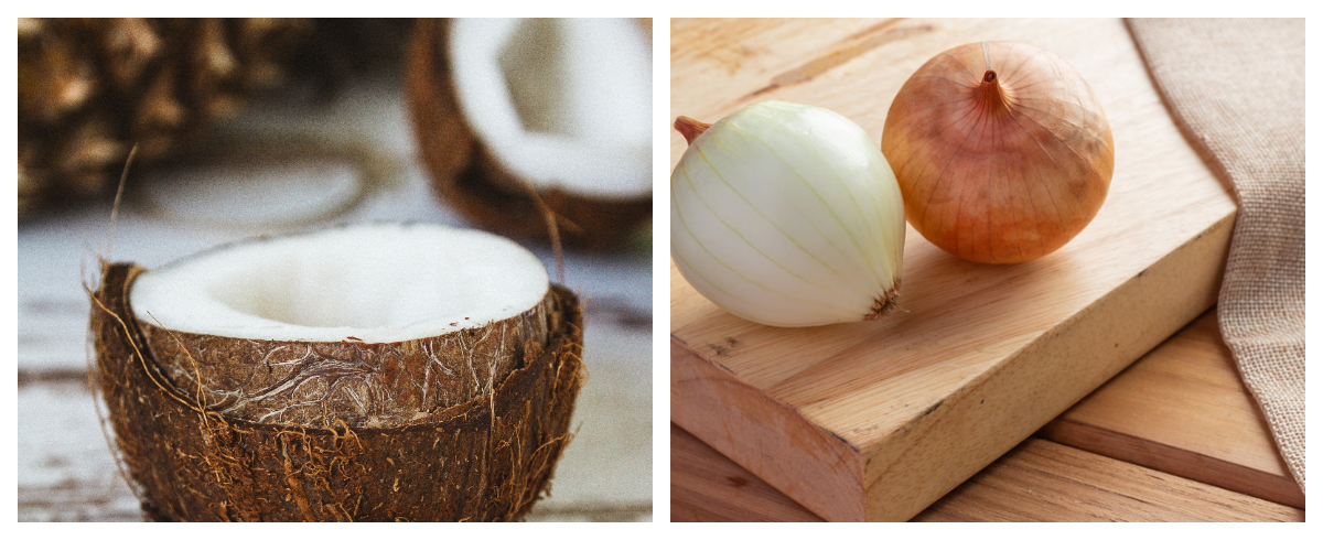 Collage photo of coconut and onions