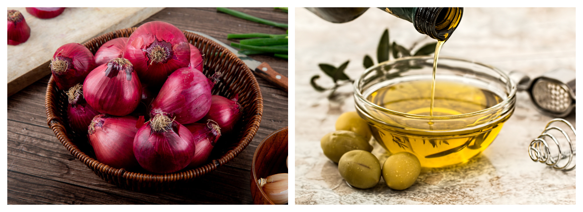 Collage photo of onions and olive oil