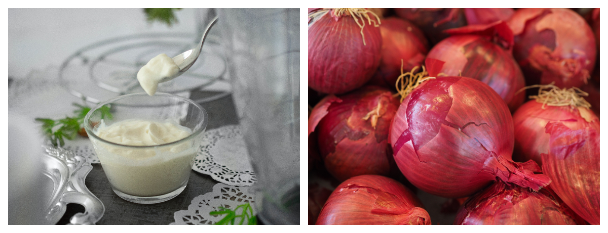 Collage photo of yogurt, and onions