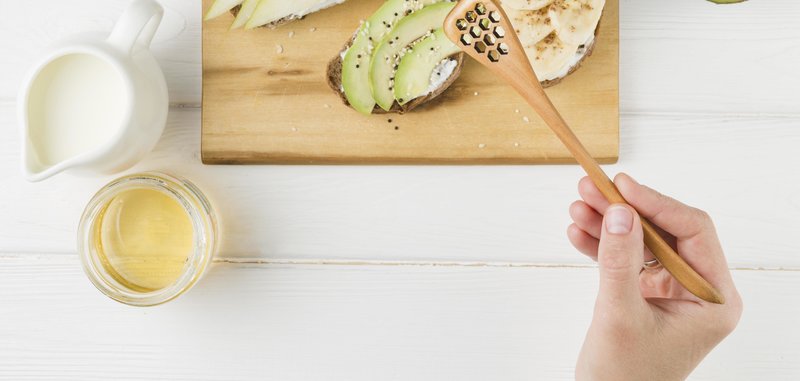 avocado slices, honey and yogurt